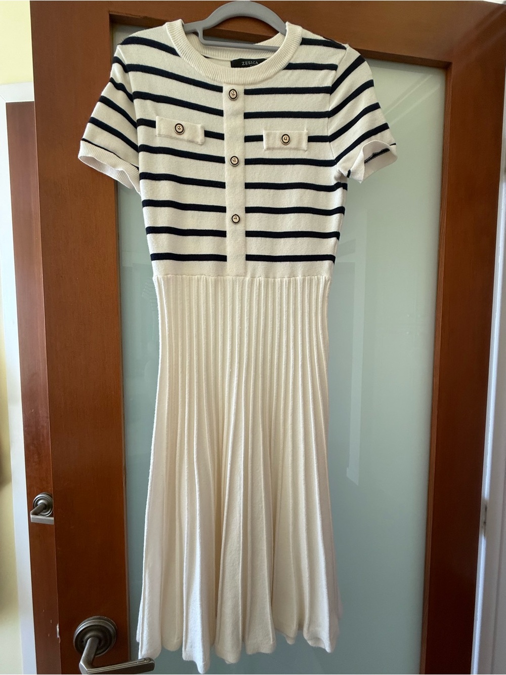 ZESICA Striped Knit Midi Dress Cream Navy Gold Buttons Size S
